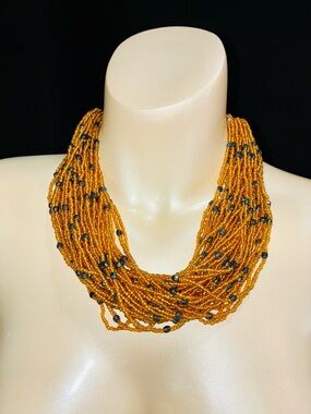 Warm Gold Multi-Strand Seed Bead Necklace with Dark Accent Beads